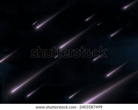 Meteor stream on a black background. Star rain in the night sky. Meteorites burn up in the atmosphere.