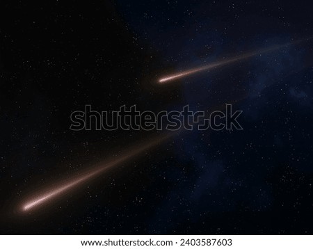 Meteors burning in the atmosphere. Two bright meteorites in the starry sky. Fireballs glow at night.