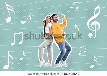 Happy couple dancing on bright background. Creative collage with stylish man and woman. Concept of music, party, fashion, lifestyle Royalty-Free Stock Photo #2403605647