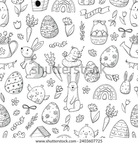 Easter monochrome seamless pattern with doodles for textile prints, coloring pages, wallpaper, scrapbooking, backgrounds, wrapping paper, nursery decor, pre school activities, etc. EPS 10