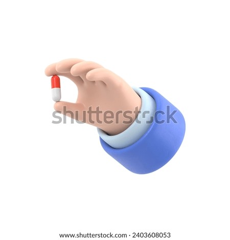 3d render. red white pill icon. Doctor or pharmacist cartoon hand with black skin holds small pill. Medical healthcare illustration. Pharmaceutical clip art.3D rendering on white background.
