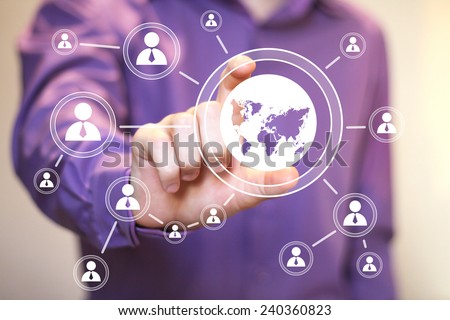 Businessman touch button interface map communication icon