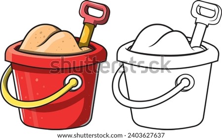 Red toy bucket and shovel full of sand, cartoon style vector illustration without background with color and without color to print and paint.