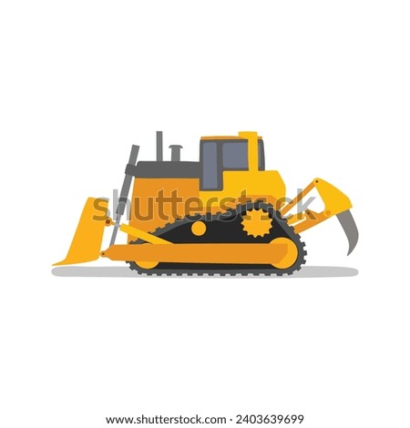 Bulldozer flat vector illustration isolated on white background. Construction equipment clip art in cartoon style. Kid drawing. Hand drawn.