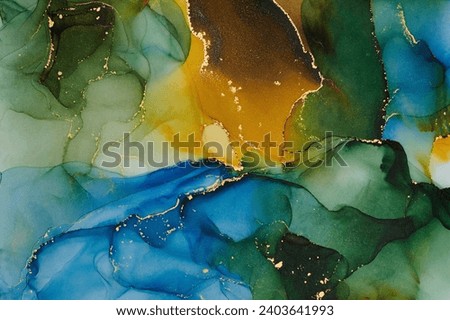 Natural  luxury abstract fluid art painting in alcohol ink technique. Tender and dreamy  wallpaper. Mixture of colors creating transparent waves and golden swirls. For posters, other printed materials Royalty-Free Stock Photo #2403641993