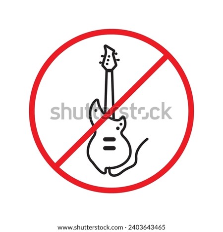 Forbidden Prohibited Warning, caution, attention, restriction label danger. No guitar vector icon. Do not use electro guitar sign design. No rock music symbol flat pictogram.
