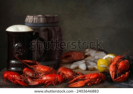 Still life with crayfish and beer