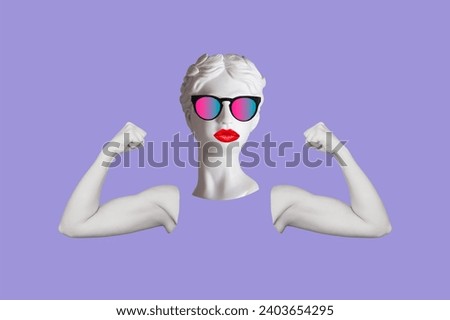 Strong woman headed by antique statue in colorful sunglasses raises arms showing biceps on a purple color background. Support women rights, feminism. Trendy collage in magazine style. Contemporary art Royalty-Free Stock Photo #2403654295