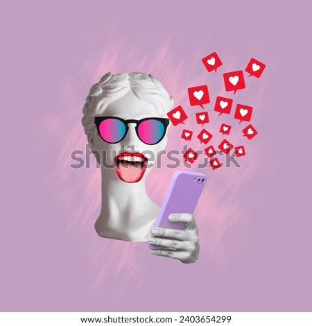 Antique happy statue head with open mouth in colorful sunglasses holding mobile phone with like symbols from social media on purple color background. Creative collage. Contemporary art. Modern design