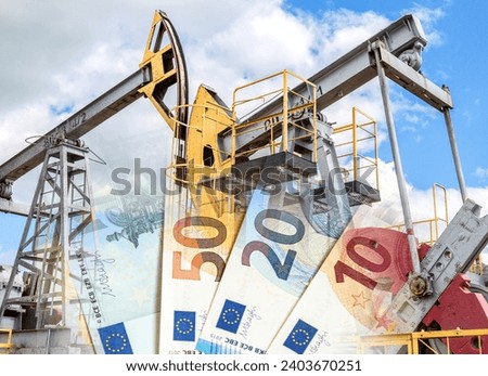 Oil pump jack fracking crude extraction machine and money background from euro banknotes. Buying and selling oil for euro. Oil industry equipment and finace