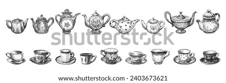 Set hand drawings of collection of various porcelain teapots and cups, saucers isolated on white Royalty-Free Stock Photo #2403673621