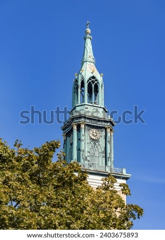 A picture of the bell tower of the St. Mary's Church in Berlin.
