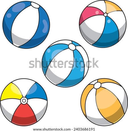 Set of full color cartoon style inflatable beach balls, vector illustrations of different models.