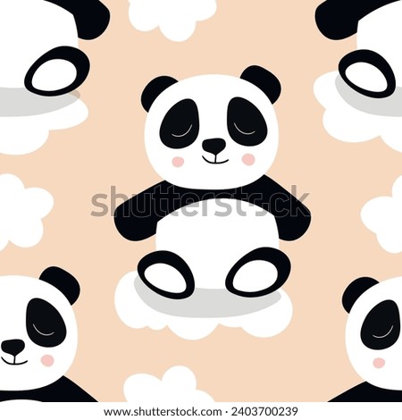 Seamless pattern with cute panda baby on color background. Funny asian animals. Card, postcards for kids. Flat vector illustration for fabric, textile, wallpaper, poster, gift wrapping paper.