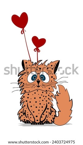 A cute orange cat with black spots looks at him with loving curiosity, two red heart balloons in the background. Valentine's Day for mug, t-shirt, poster, invitation, banner, background, print