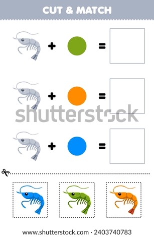 Education game cut and match combination color of cute shrimp printable underwater worksheet
