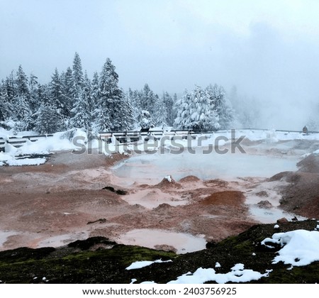 Fountain Paint Pot Trail in Winter in Yellowstone National Park, Wyoming Montana. Northwest. Yellowstone is a winter wonderland, to watch the wildlife and natural landscape. Geothermal. 