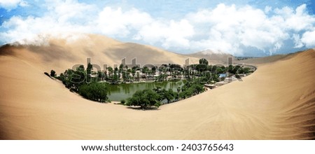 Huacachina located in Ica, almost panoramic photography from a sand dune, Oasis
