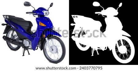 Blue motorcycle parked on a white background with its black and white cape mask