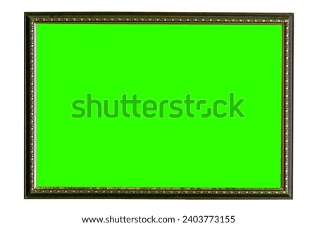 Empty brown wooden frame on green screen background. rectangular wooden painting frame with ornaments. Full transparent PNG.