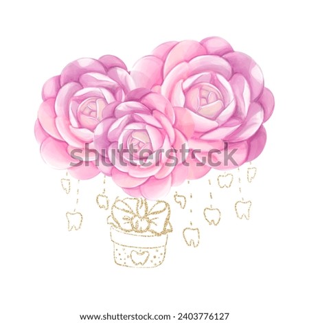 Watercolor gift from fairy tooth. Congratulation first teeth. Dental clip art with flowers, roses. Cartoon clip art