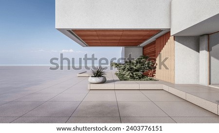 Architecture 3d rendering illustration of modern house with natural landscape. Royalty-Free Stock Photo #2403776151
