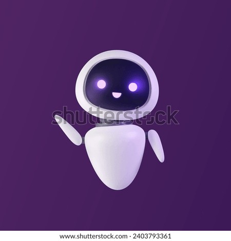 3D artificial intelligence chat bot.  Friendly neural network robot waving his hand, AI servers technology. Online communication, support assistance, cartoon digital device. Vector illustration. Royalty-Free Stock Photo #2403793361