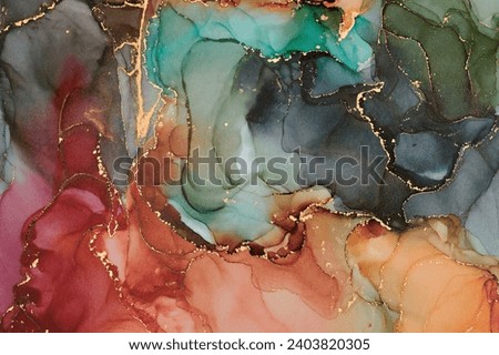 Natural  luxury abstract fluid art painting in alcohol ink technique. Tender and dreamy  wallpaper. Mixture of colors creating transparent waves and golden swirls. For posters, other printed materials Royalty-Free Stock Photo #2403820305