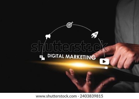 Businessman checking on tablet, closeup. Photo of digital marketing