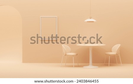 Peach fuzz 2024 color trend living room. With circle table and lamp, door, frame on wall. Luxury apricot crush color wall background with copy space.