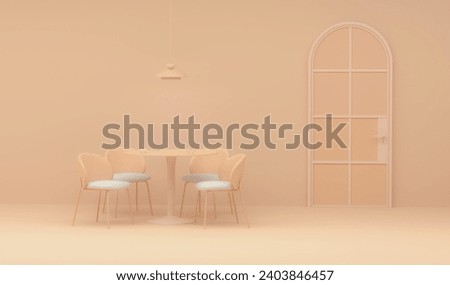 Peach fuzz 2024 color trend living room. With circle table and lamp, door, frame on wall. Luxury apricot crush color wall background with copy space. Royalty-Free Stock Photo #2403846457