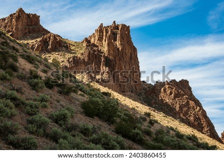 Jagged Rock Formations at Succor Creek State Natural Area, Oregon Royalty-Free Stock Photo #2403860455
