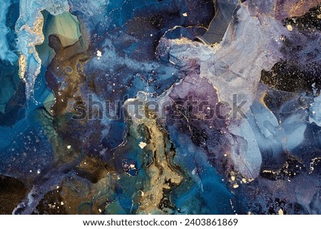 Natural  luxury abstract fluid art painting in alcohol ink technique. Tender and dreamy  wallpaper. Mixture of colors creating transparent waves and golden swirls. For posters, other printed materials Royalty-Free Stock Photo #2403861869