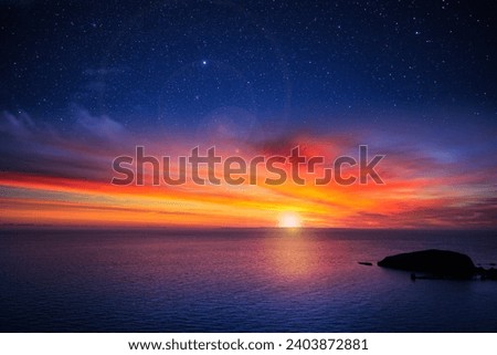 Sunset view from the surface of an alien world, alien landscape with an ocean, space background for pc, desktop planet wallpaper, fantasy 3d rendering