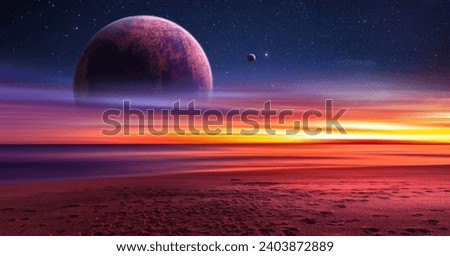 Sunset view from the surface of an alien world, Mysterious alien landscape, space background for pc, desktop planet wallpaper, fantasy 3d rendering Royalty-Free Stock Photo #2403872889