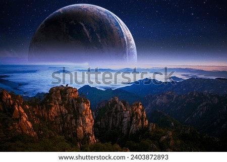 Mysterious alien world filled with mountain ranges and deep canyons, space background for pc, desktop digital wallpaper, fantasy 3d illustration Royalty-Free Stock Photo #2403872893
