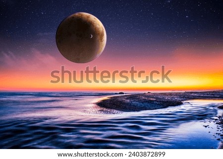 Sunset view from the surface of an alien world, alien landscape with an ocean, space background for pc, desktop planet wallpaper, fantasy 3d rendering