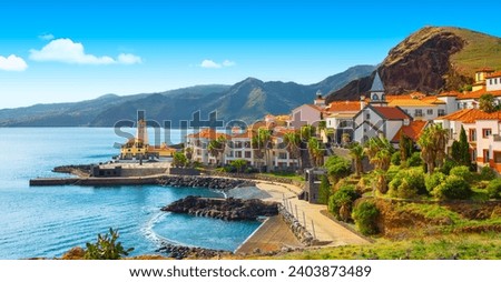 Panoramic view of the small village of Canical, near Ponta de Sao Lourenco. Madeira Island, Portugal Royalty-Free Stock Photo #2403873489