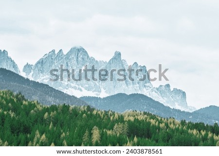 A scenic view of the Dolomites mountains in Italy with green trees and blue sky