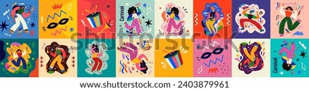 Carnival collection of colorful cards. Design for Brazil Carnival. Decorative abstract illustration with colorful doodles. Music festival Royalty-Free Stock Photo #2403879961