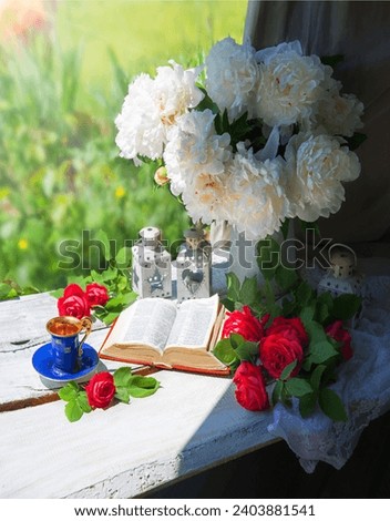 Grunge retro antique rustic lunch snack meal eat food break spring park cafe bar wood white board desk open page text. Happy sun light fresh red floral bloom bud petal rest relax biblic art still life
