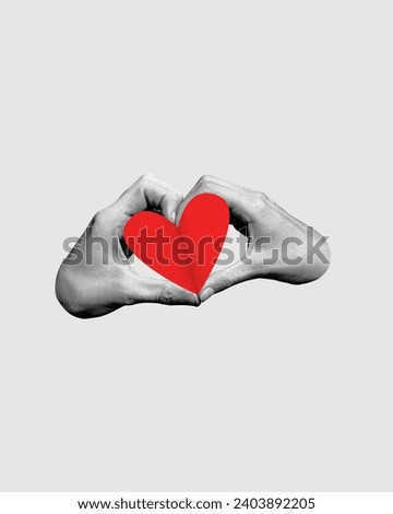 Male and female hands making heart symbol. Contemporary art collage. Minimalism. Concept of Valentine's Day, holiday, love, 14th of February. Template for ads, postcard, invitation, poster