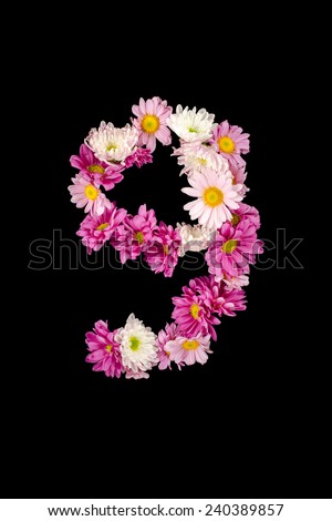 Image of number nine from flowers isolate on black background