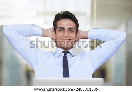 Businessman, happy and thinking in office by laptop, smiling and contemplating proposal or review. Male professional, technology and internet connection for online research, confidence and pride