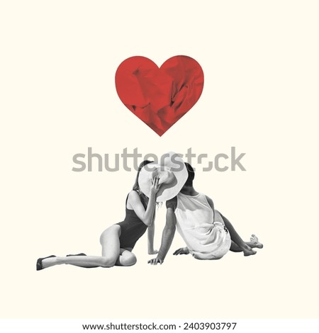 Summer romance. Man and woman cissing behind straw hat over heart symbol. Contemporary art collage. Valentine's Day, holiday, love, February 14th concept. Template for ad, postcard, invitation, poster