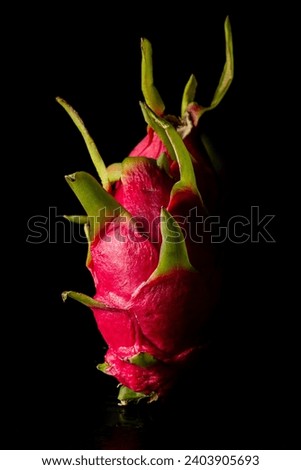 Closeup of pink pitaya or dragon fruit on black background, vertical, with copy space