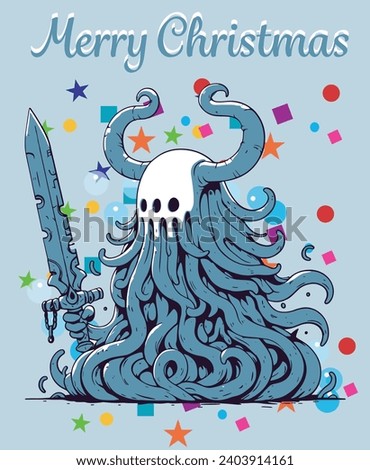 Vector illustration of monster fantasy. Winter and Merry Christmas template and Lettering. Cartoon style vector illustration. Great for greeting cards, banners, envelopes, stickers, and flyers.