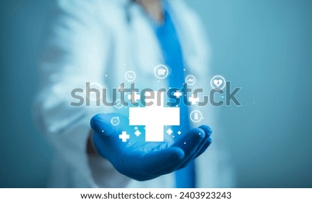 A medical worker holding plus icon for the healthcare medical icon. Health insurance health concept. access to welfare health
