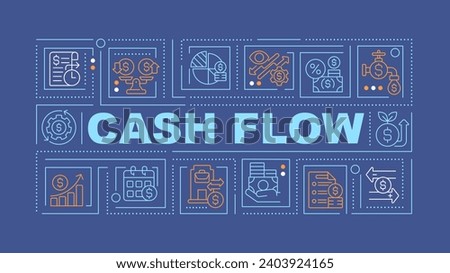 2D cash flow text with various creative thin linear icons concept on dark blue monochromatic background, editable vector illustration.