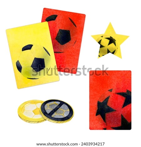 Soccer football red yellow card coins watercolor drawing. Warning penalty cards with pentagon star ball picture isolated on white background. Sport trainee judge gear for stadium tournament aquarelle